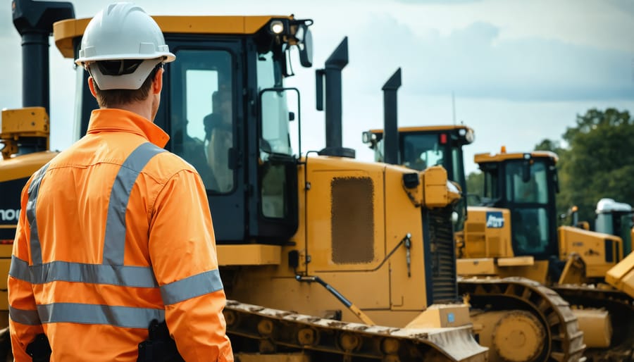 Construction contractor using digital tablet on job site with heavy equipment in background