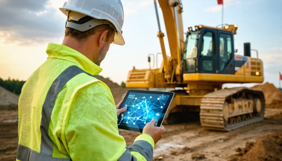 Canadian contractor in safety gear using a tablet next to a yellow excavator and tower crane at golden hour, with a subtle blue digital network glow from the screen and a small Canadian flag on a blurred site trailer in the background.