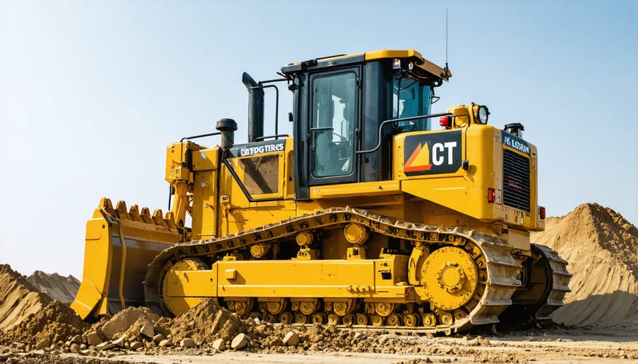 Various construction equipment including excavator, scissor lift, and skid steer on equipment yard