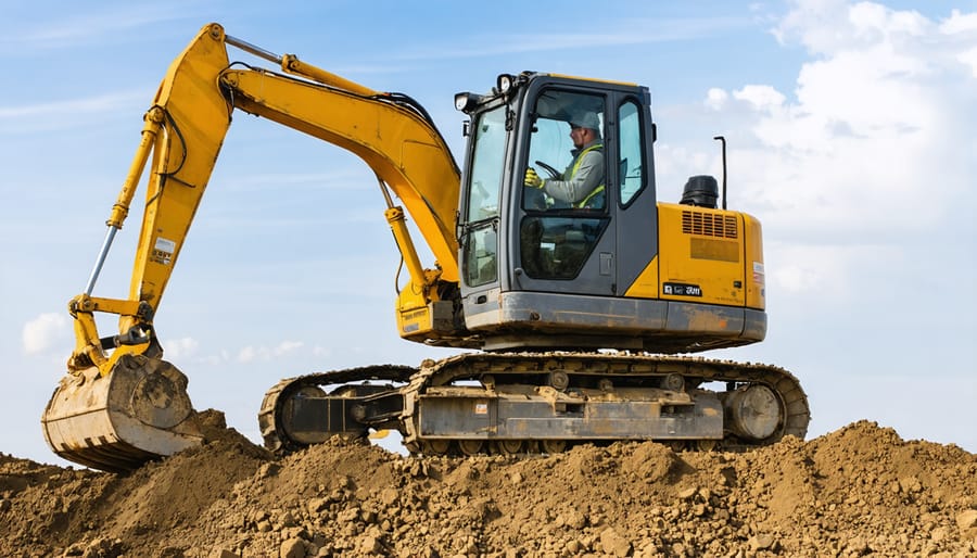 Two construction professionals shaking hands in front of new excavator on job site