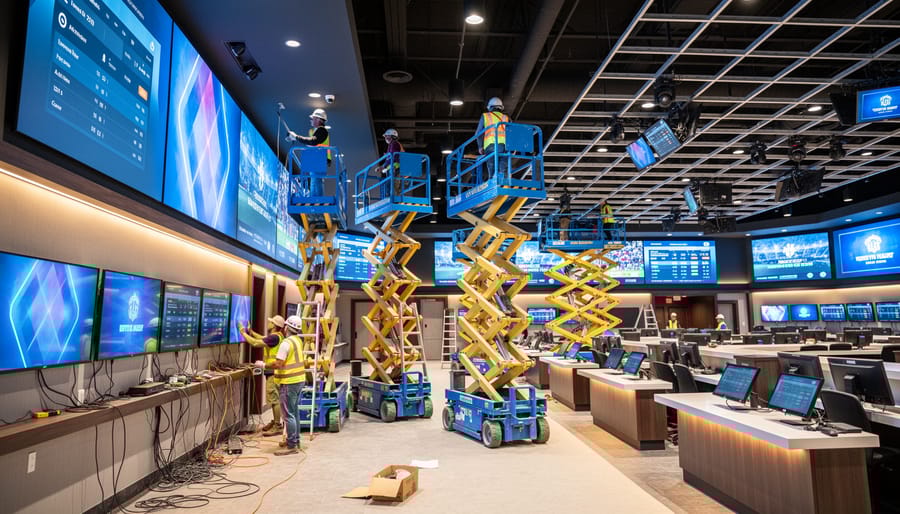 Construction worker on scissor lift installing technology systems in commercial building interior
