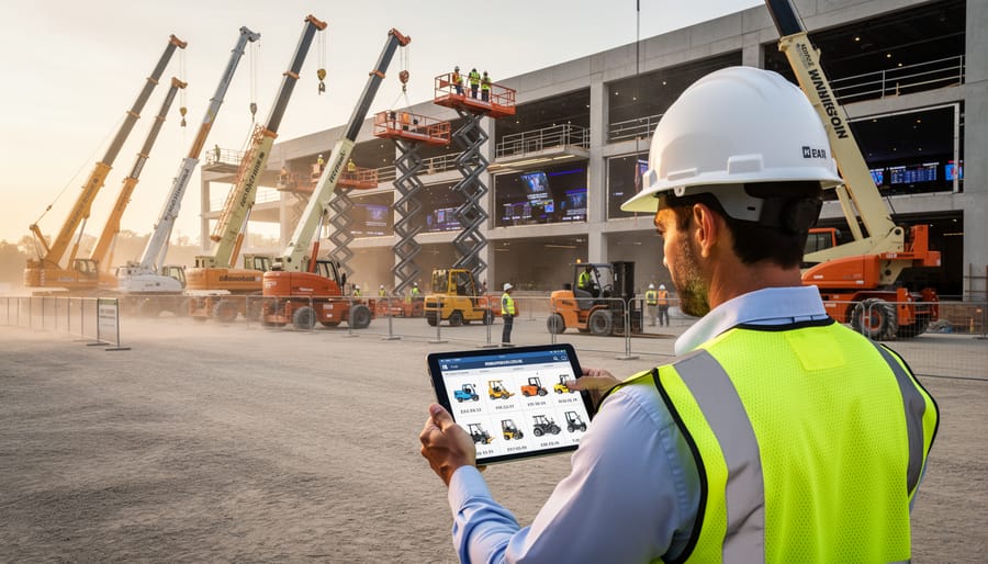Construction supervisor with tablet managing equipment on commercial construction site