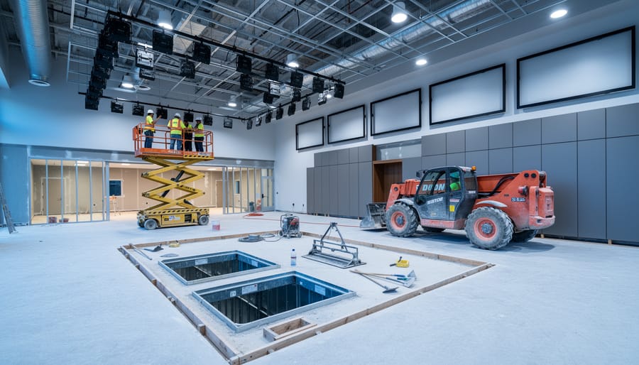 Crew operating a scissor lift and telehandler inside a sportsbook under construction, with concrete finishing tools and visible HVAC ducting and cable trays in the background.