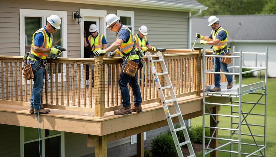 Contractor wearing safety gear working on elevated deck with scaffolding