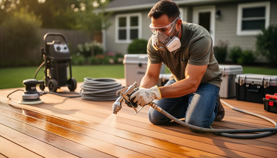 Contractor in safety gear using an airless sprayer to stain a cedar deck, with a pressure washer, orbital sander, hose reels, and tool cases softly blurred in the background under warm evening light.