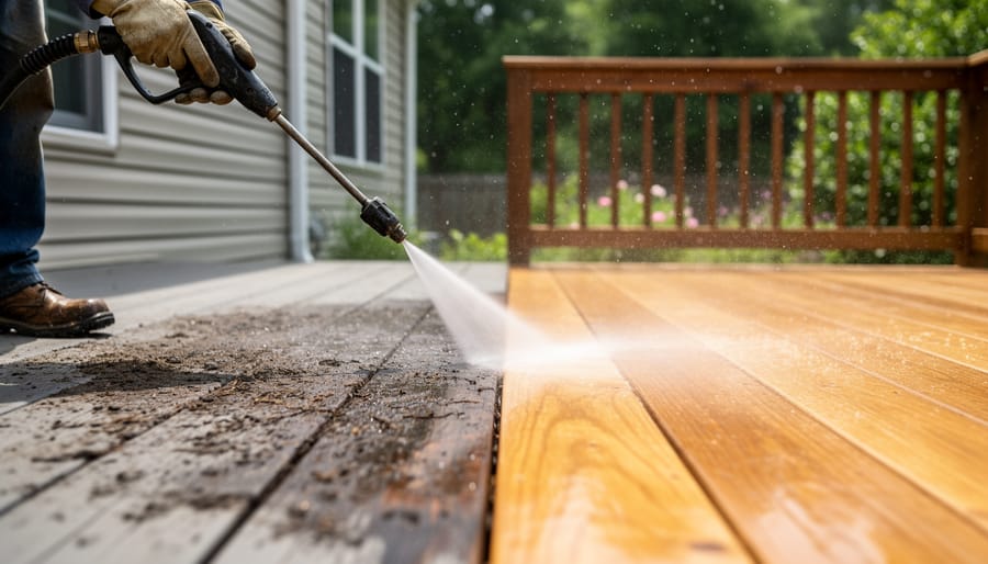 Pressure washer cleaning weathered wooden deck boards showing cleaning results