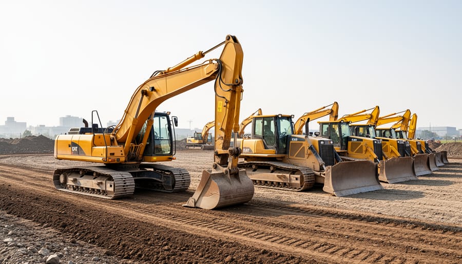 Yellow excavator and orange bulldozer working together on construction site