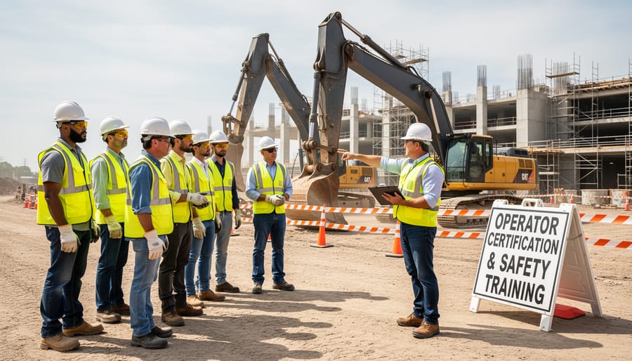 Construction equipment operator in safety gear entering excavator cab
