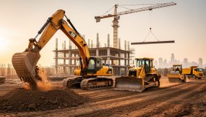 Excavator digging next to a bulldozer in the foreground, with a mobile crane lifting a steel beam and a soil compactor and dump truck behind on an active construction site at golden hour.