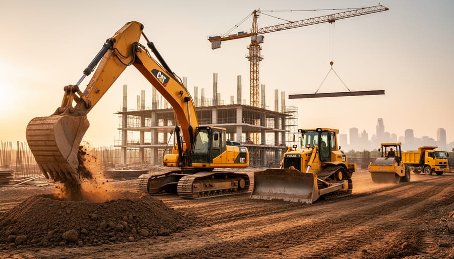 Excavator digging next to a bulldozer in the foreground, with a mobile crane lifting a steel beam and a soil compactor and dump truck behind on an active construction site at golden hour.