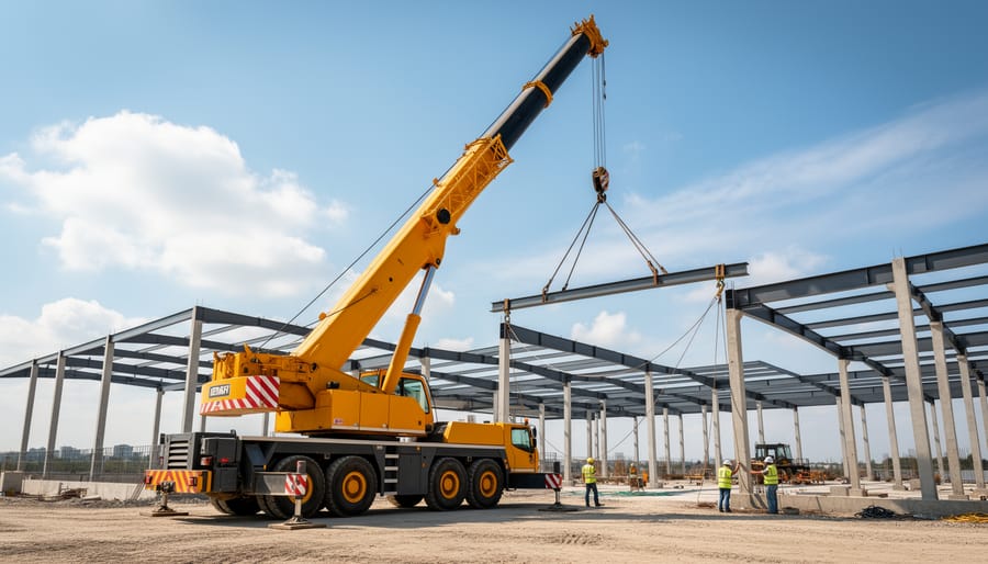 Mobile construction crane with extended boom lifting steel beams