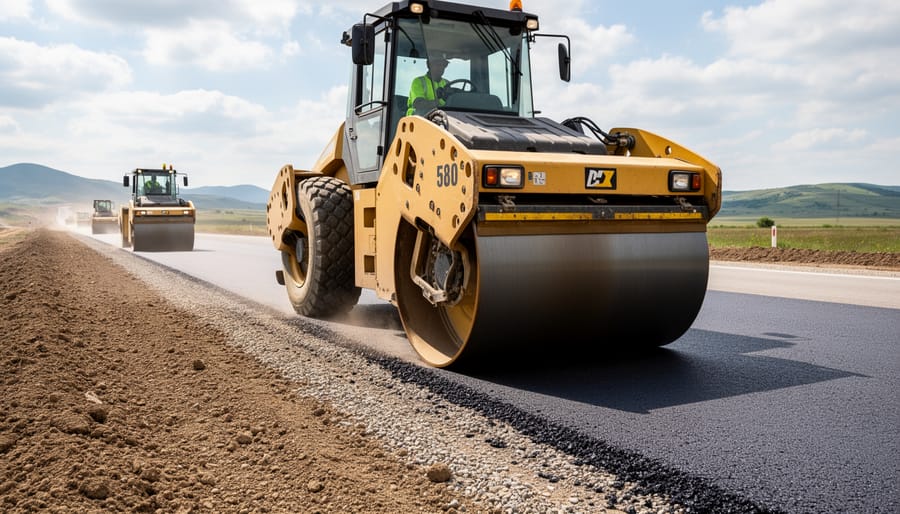Orange vibratory roller compacting asphalt on construction site