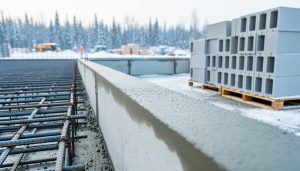 Concrete foundation edge with reinforcing rebar and stacked concrete masonry blocks, photographed at ground level under bright overcast light with a faint wintry construction background.