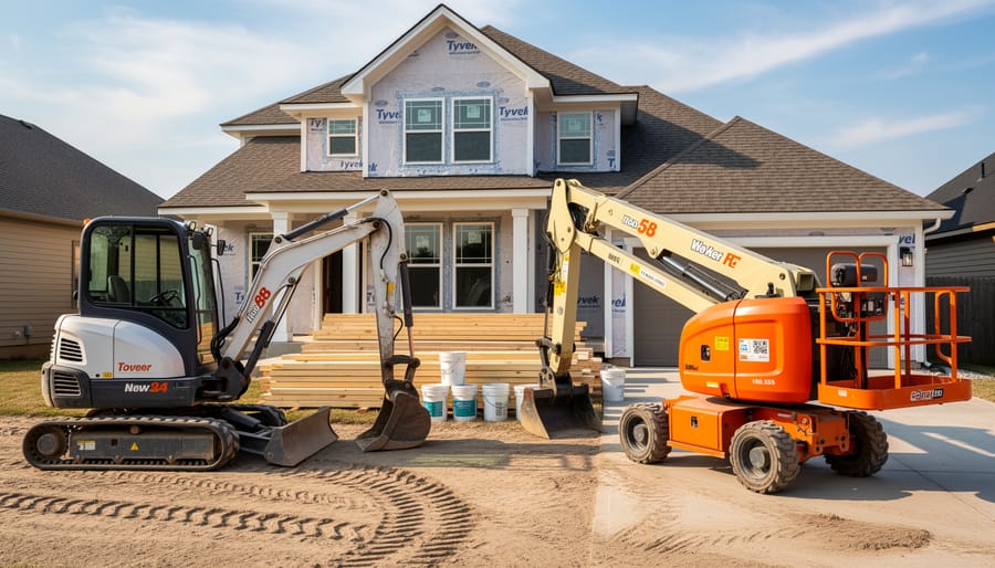 Compact construction equipment including mini excavator and scaffolding positioned at residential property