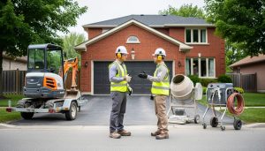 Homeowner in safety gear and a rental specialist standing beside a mini excavator on a trailer, floor sander, concrete mixer, and paint sprayer in the driveway of a red-brick Kitchener-Waterloo house under soft overcast light.