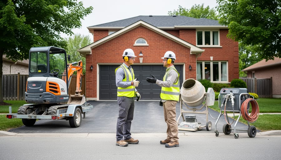 Homeowner in safety gear and a rental specialist standing beside a mini excavator on a trailer, floor sander, concrete mixer, and paint sprayer in the driveway of a red-brick Kitchener-Waterloo house under soft overcast light.