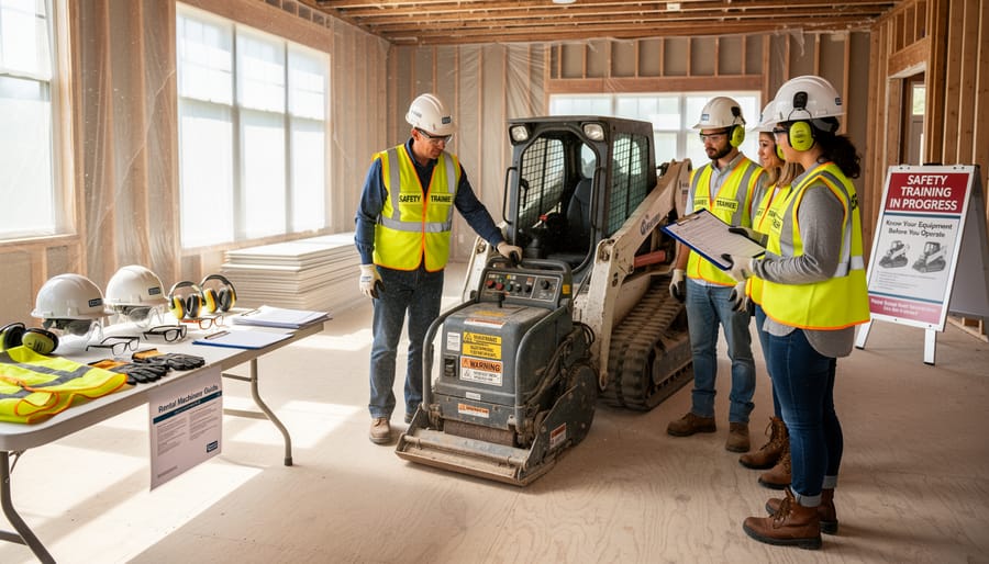 Construction worker in safety gear reviewing equipment operation checklist