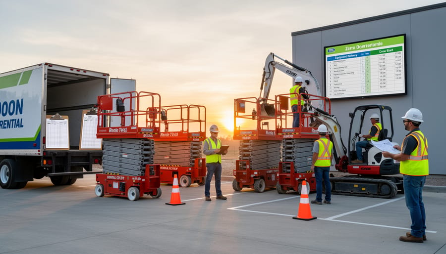 Aerial lift and construction equipment staged on site for upcoming work during golden hour.