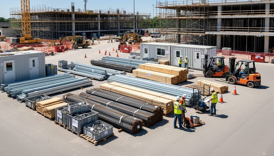 Forklift unloading construction materials at a Canadian job site laydown yard.