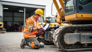 High-visibility maintenance technician inspecting a mechanical part on a yellow excavator in a construction equipment yard with a flashlight and tablet nearby.