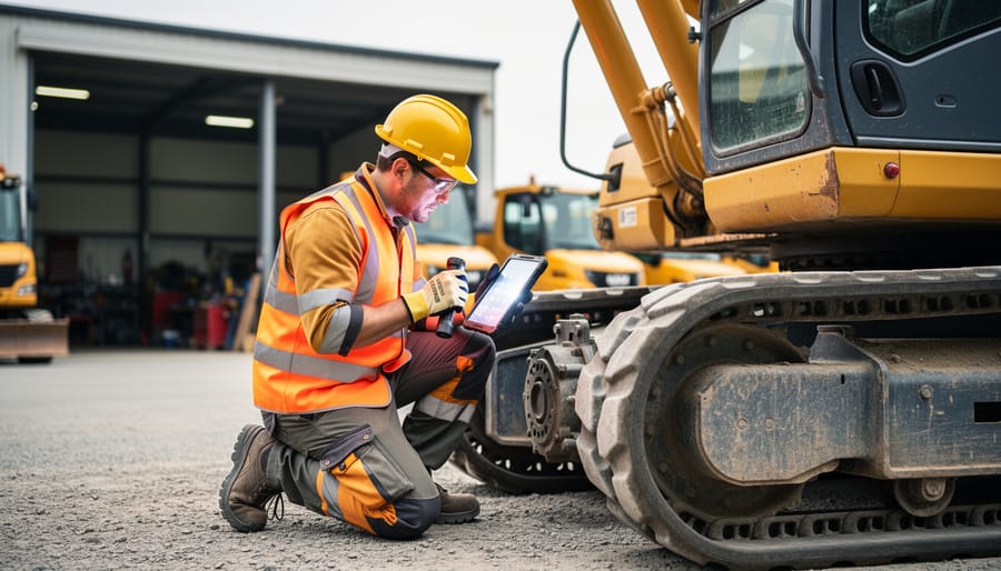 High-visibility maintenance technician inspecting a mechanical part on a yellow excavator in a construction equipment yard with a flashlight and tablet nearby.