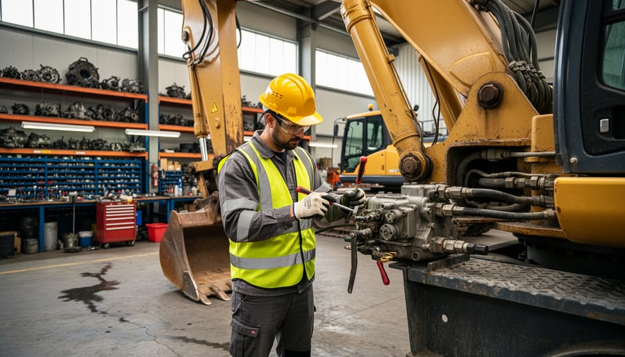 Maintenance technician working on an excavator undercarriage with tools in an equipment repair shop