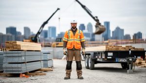 A construction foreman on a Canadian job site coordinating stacked materials and equipment with a crane and excavator in the background.