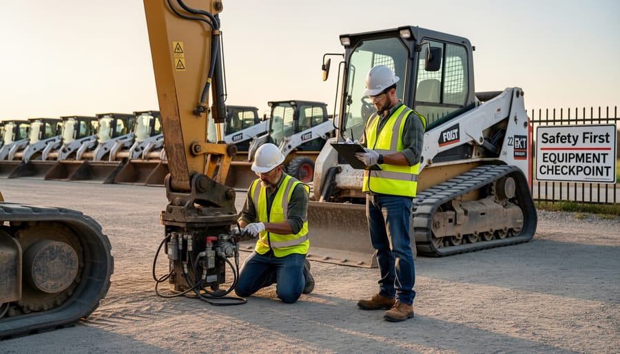 Technician conducting a pre-delivery safety inspection on a skid steer in an outdoor equipment yard