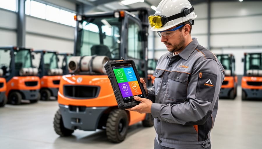 Technician using a handheld diagnostic device and connecting cables to a construction equipment control area
