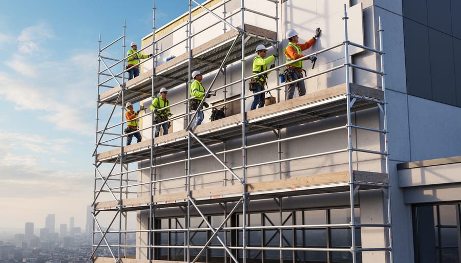 Construction worker standing on a scaffold platform beside a partially finished building under overcast daylight