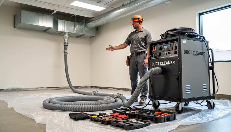 Contractor connecting hoses to a portable duct cleaning vacuum cart in a residential utility room