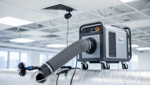 Rental duct cleaning equipment with a negative-air vacuum machine, connected hoses, and brush tools near a ceiling HVAC vent in a commercial setting