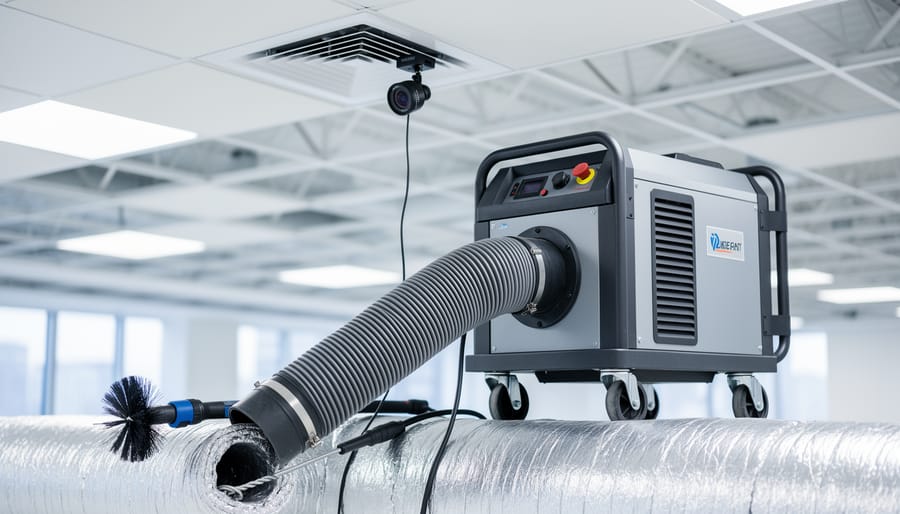 Rental duct cleaning equipment with a negative-air vacuum machine, connected hoses, and brush tools near a ceiling HVAC vent in a commercial setting