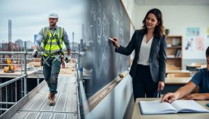 A worker on a secure construction scaffold and a teacher assisting a student at a classroom board, shown together to represent scaffolding support in both construction and education.