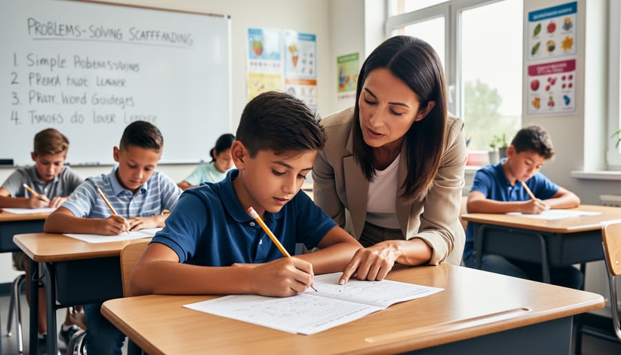 Teacher supporting students at a desk with a workbook in a bright classroom