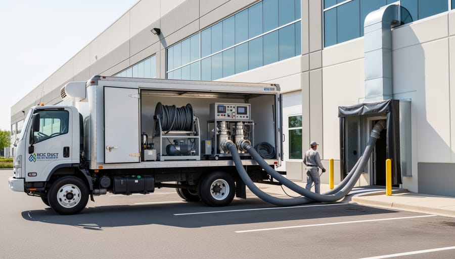 Truck-mounted duct cleaning equipment with large hoses parked at a commercial loading bay