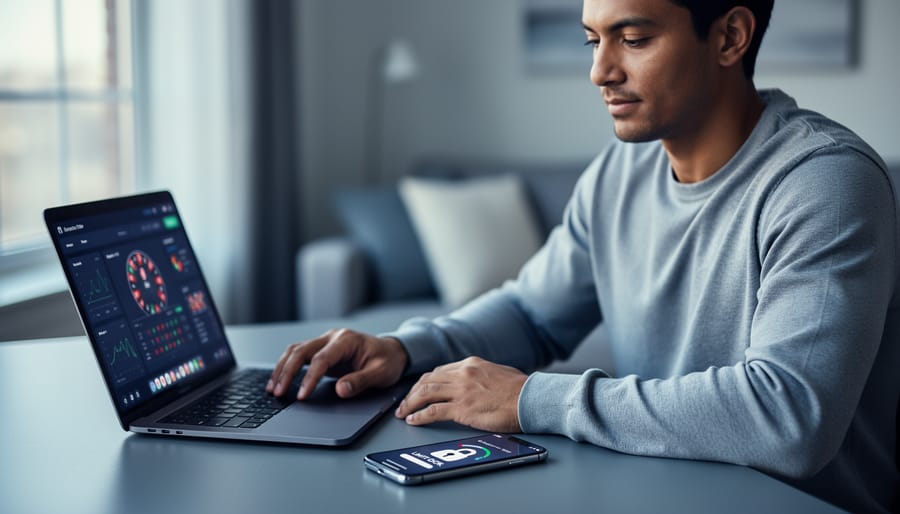 Person at a desk using a laptop and smartphone with generic limit controls to practice responsible online casino play in Canada.
