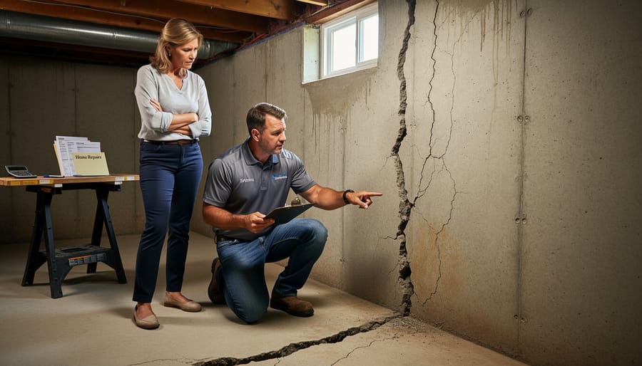 Contractor and homeowner examine foundation cracks in a basement with tools and a flashlight nearby.