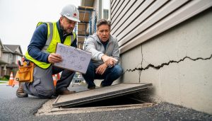 Contractor and homeowner inspecting a cracked house foundation outdoors with safety gear, suggesting urgent repair decisions when costs may outweigh property value increases.