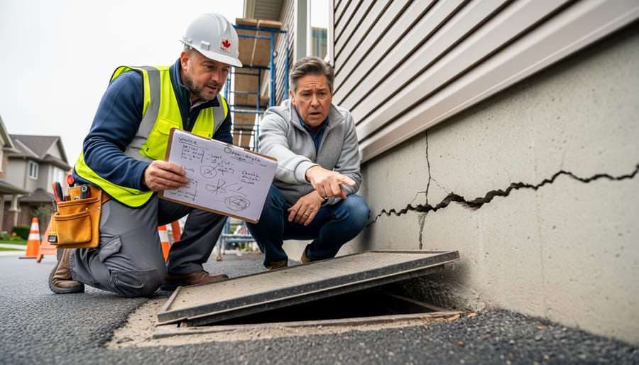 Contractor and homeowner inspecting a cracked house foundation outdoors with safety gear, suggesting urgent repair decisions when costs may outweigh property value increases.